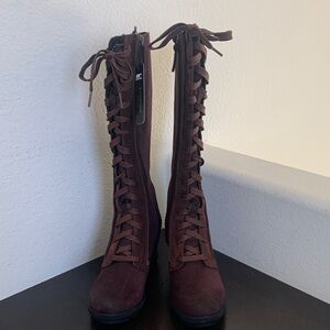 Sorel Burgundy Weathered Look Lace-Up & Side Zip Suede Wedge Boots.